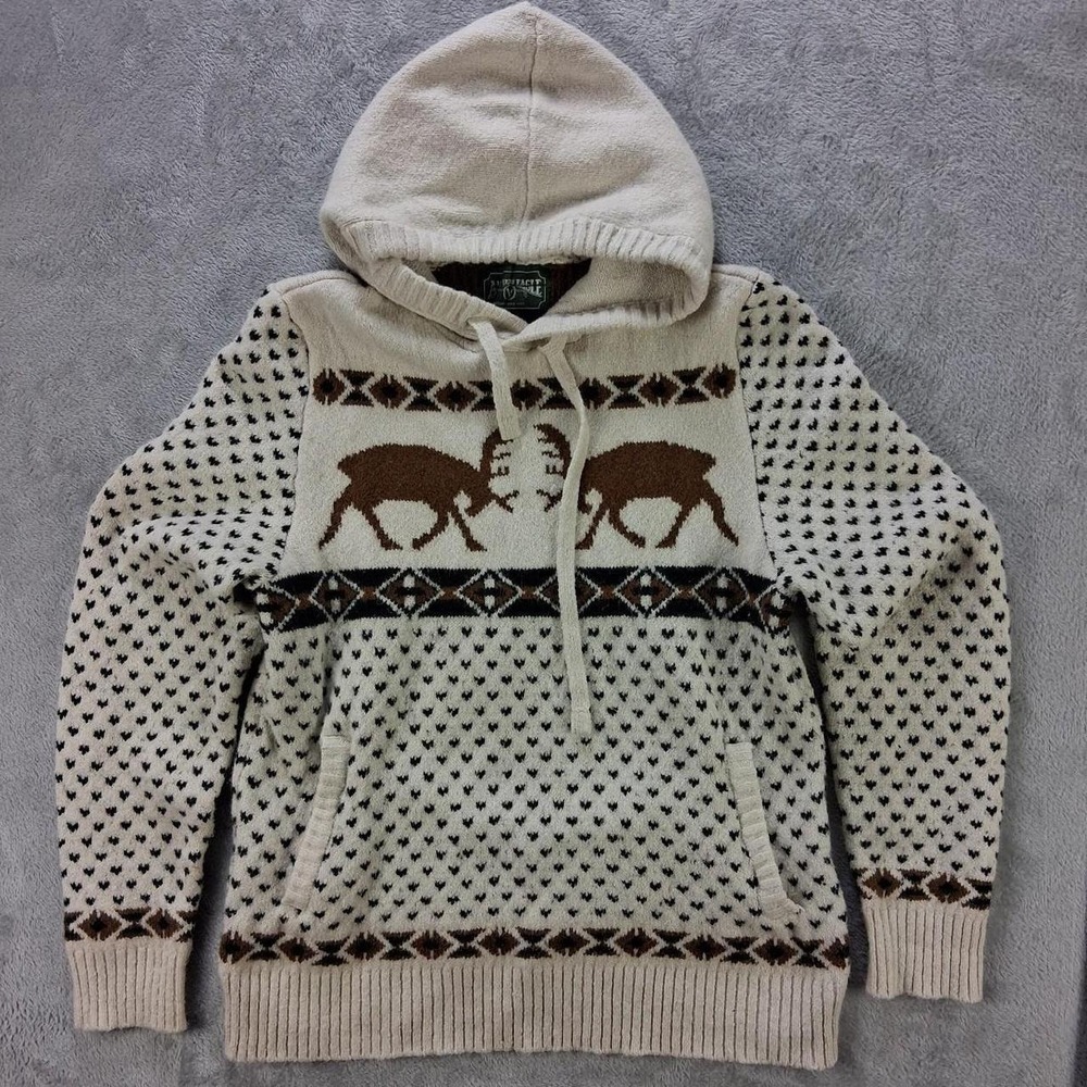 American Eagle Buffalo Knit Hooded Sweater Womens Large Cream Western Bison